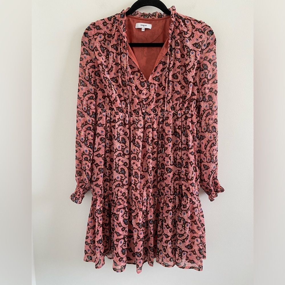 SUNCOO Robe Celeste Pink Paisley Metallic Ruffle Mini Dress T0 Size Small